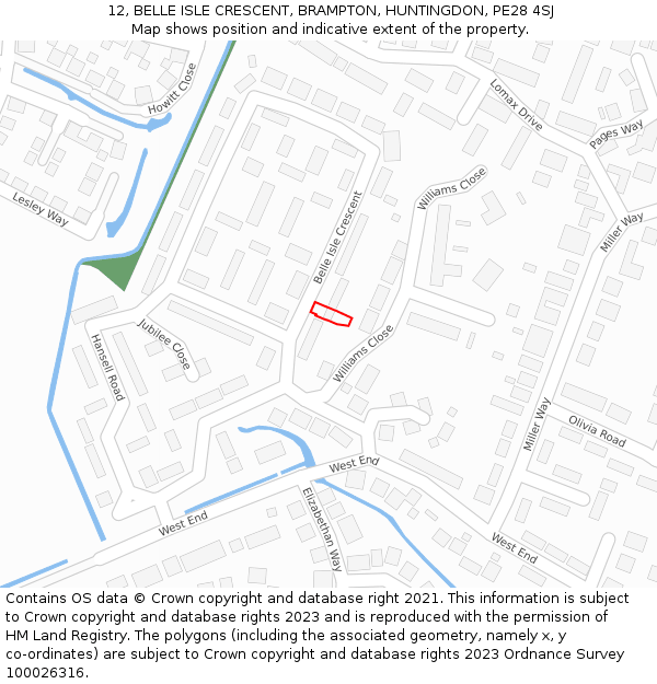 12, BELLE ISLE CRESCENT, BRAMPTON, HUNTINGDON, PE28 4SJ: Location map and indicative extent of plot