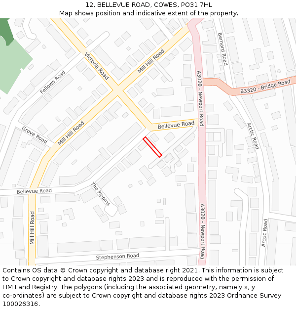 12, BELLEVUE ROAD, COWES, PO31 7HL: Location map and indicative extent of plot