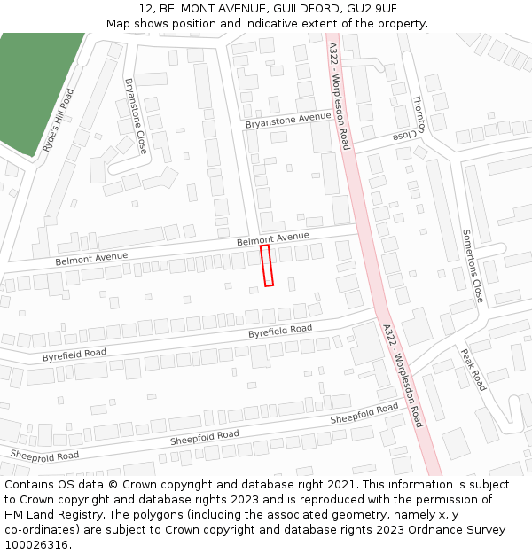 12, BELMONT AVENUE, GUILDFORD, GU2 9UF: Location map and indicative extent of plot