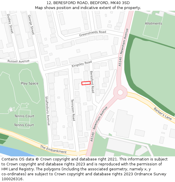 12, BERESFORD ROAD, BEDFORD, MK40 3SD: Location map and indicative extent of plot