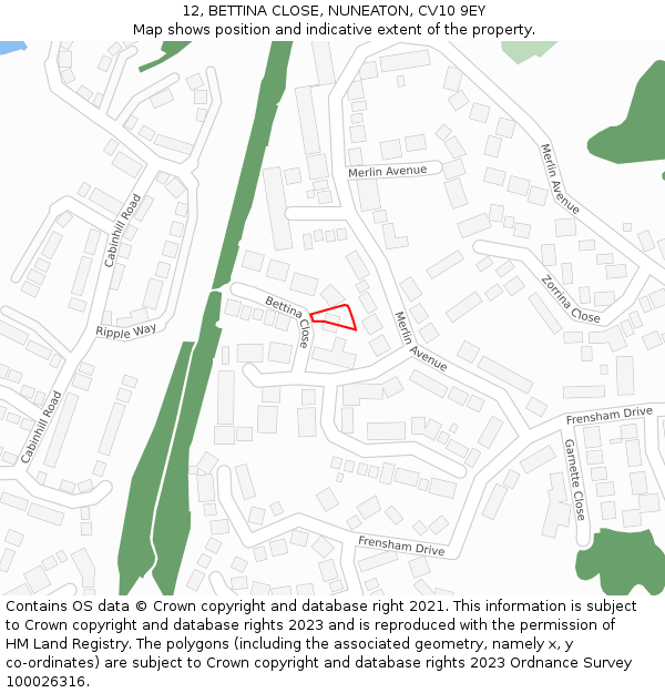 12, BETTINA CLOSE, NUNEATON, CV10 9EY: Location map and indicative extent of plot