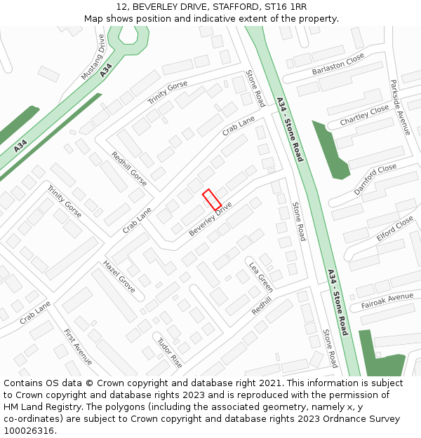12, BEVERLEY DRIVE, STAFFORD, ST16 1RR: Location map and indicative extent of plot