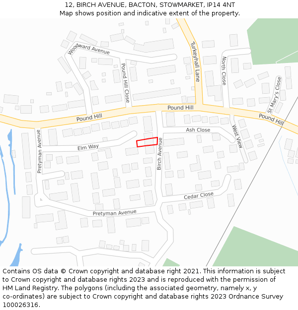 12, BIRCH AVENUE, BACTON, STOWMARKET, IP14 4NT: Location map and indicative extent of plot