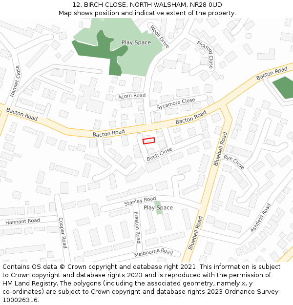 12, BIRCH CLOSE, NORTH WALSHAM, NR28 0UD: Location map and indicative extent of plot
