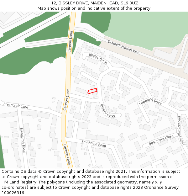 12, BISSLEY DRIVE, MAIDENHEAD, SL6 3UZ: Location map and indicative extent of plot