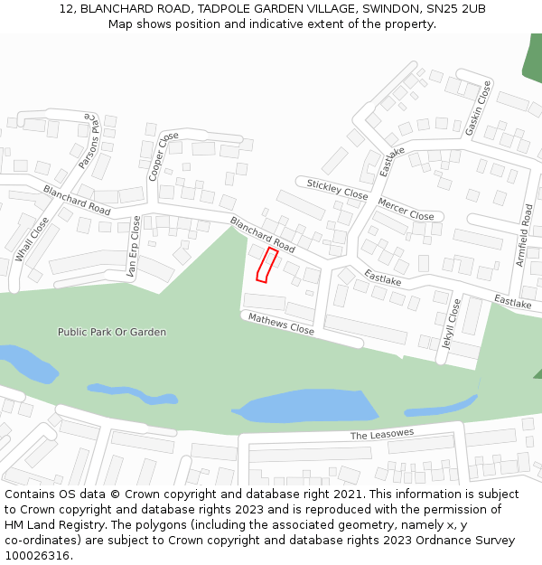 12, BLANCHARD ROAD, TADPOLE GARDEN VILLAGE, SWINDON, SN25 2UB: Location map and indicative extent of plot