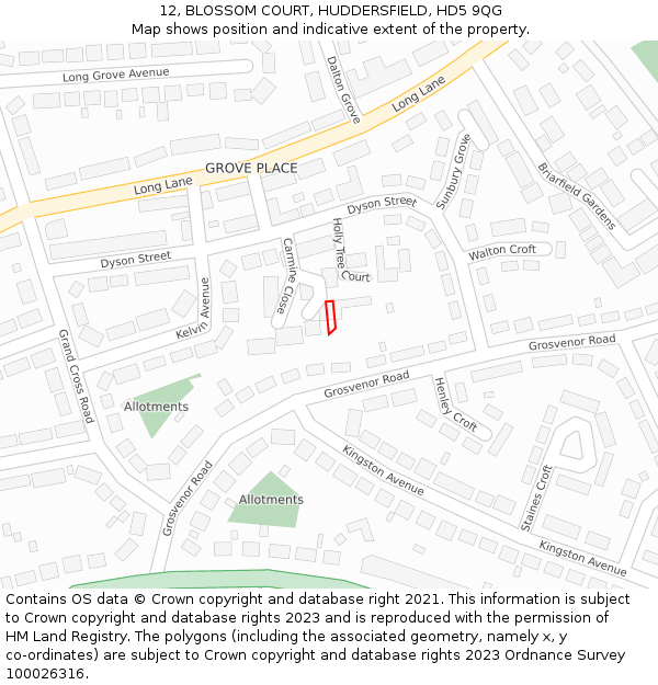 12, BLOSSOM COURT, HUDDERSFIELD, HD5 9QG: Location map and indicative extent of plot