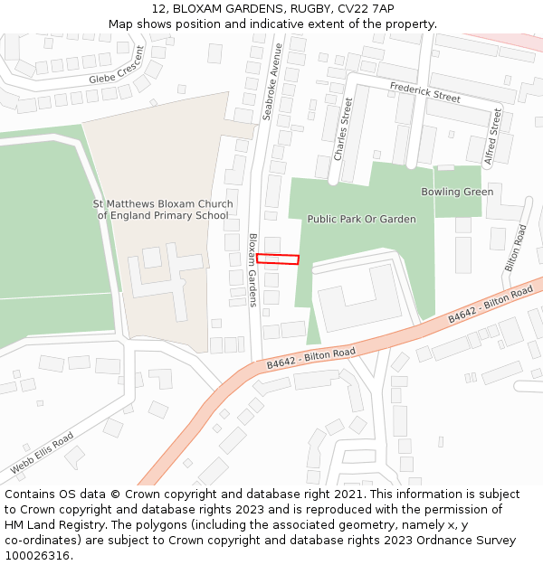 12, BLOXAM GARDENS, RUGBY, CV22 7AP: Location map and indicative extent of plot
