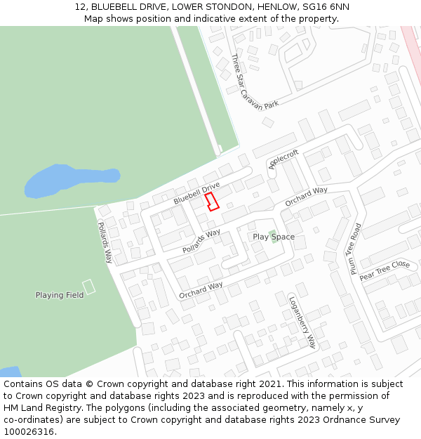 12, BLUEBELL DRIVE, LOWER STONDON, HENLOW, SG16 6NN: Location map and indicative extent of plot
