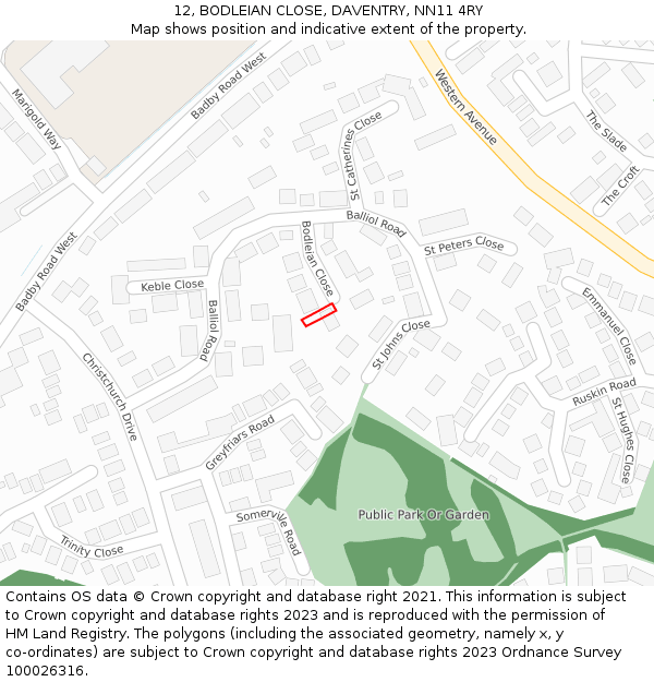 12, BODLEIAN CLOSE, DAVENTRY, NN11 4RY: Location map and indicative extent of plot