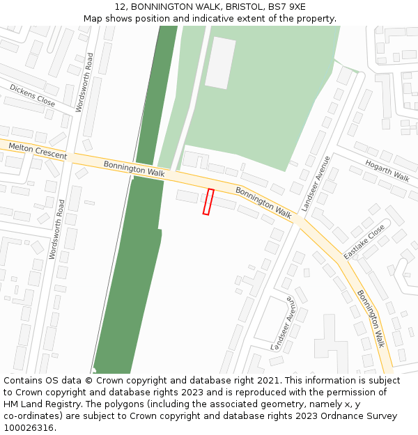 12, BONNINGTON WALK, BRISTOL, BS7 9XE: Location map and indicative extent of plot
