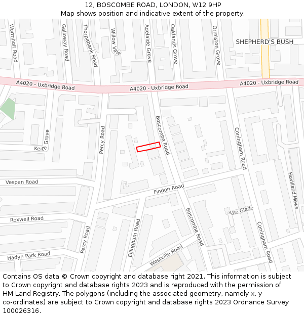 12, BOSCOMBE ROAD, LONDON, W12 9HP: Location map and indicative extent of plot