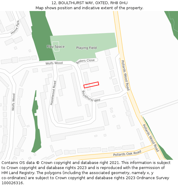 12, BOULTHURST WAY, OXTED, RH8 0HU: Location map and indicative extent of plot