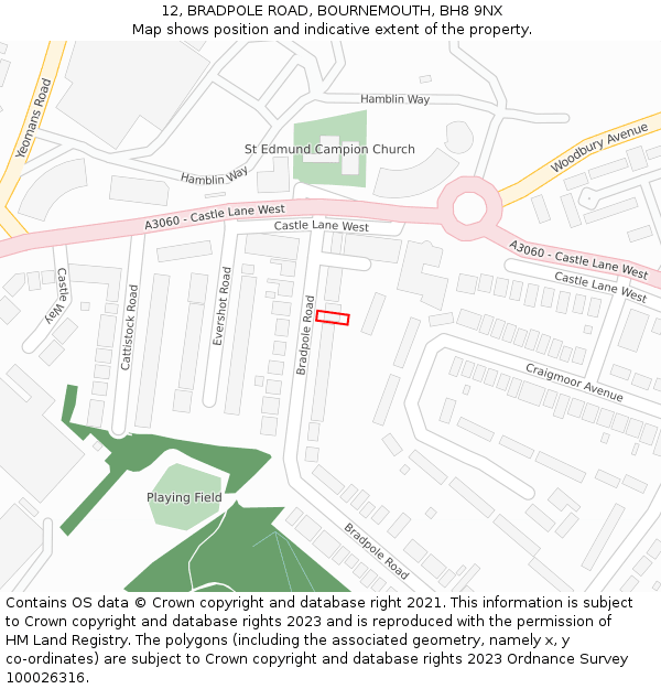 12, BRADPOLE ROAD, BOURNEMOUTH, BH8 9NX: Location map and indicative extent of plot