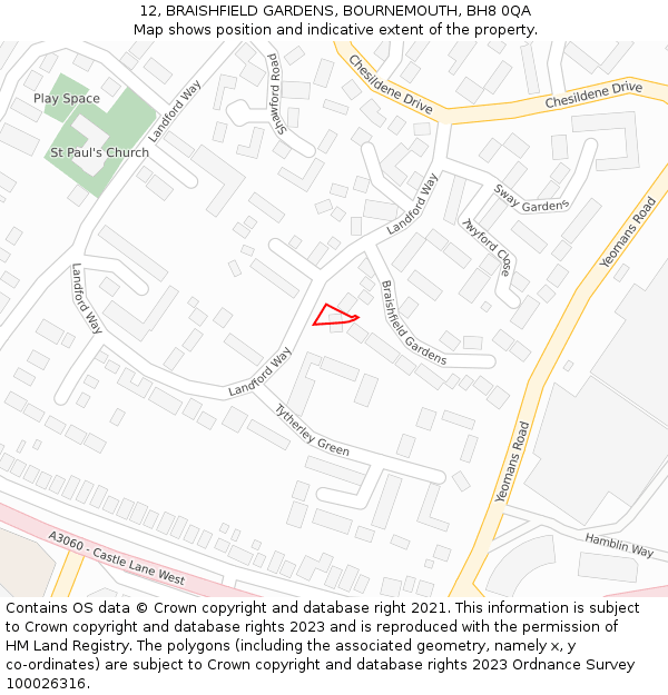 12, BRAISHFIELD GARDENS, BOURNEMOUTH, BH8 0QA: Location map and indicative extent of plot
