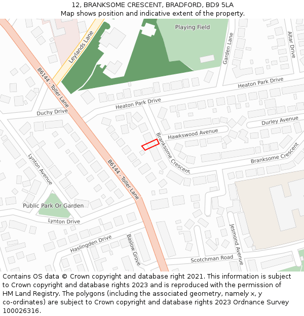 12, BRANKSOME CRESCENT, BRADFORD, BD9 5LA: Location map and indicative extent of plot