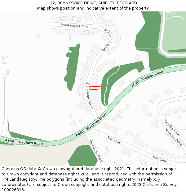 12, BRANKSOME DRIVE, SHIPLEY, BD18 4BB: Location map and indicative extent of plot
