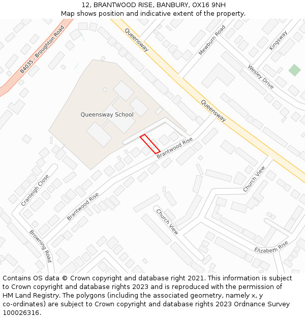 12, BRANTWOOD RISE, BANBURY, OX16 9NH: Location map and indicative extent of plot