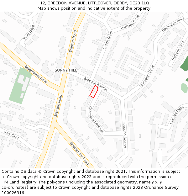12, BREEDON AVENUE, LITTLEOVER, DERBY, DE23 1LQ: Location map and indicative extent of plot