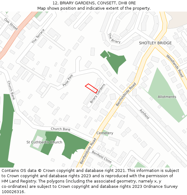12, BRIARY GARDENS, CONSETT, DH8 0RE: Location map and indicative extent of plot