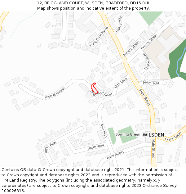 12, BRIGGLAND COURT, WILSDEN, BRADFORD, BD15 0HL: Location map and indicative extent of plot
