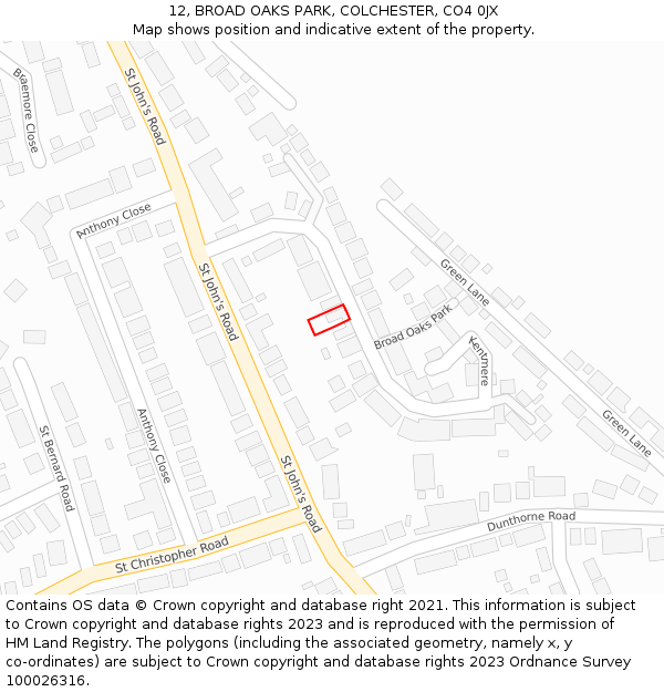 12, BROAD OAKS PARK, COLCHESTER, CO4 0JX: Location map and indicative extent of plot