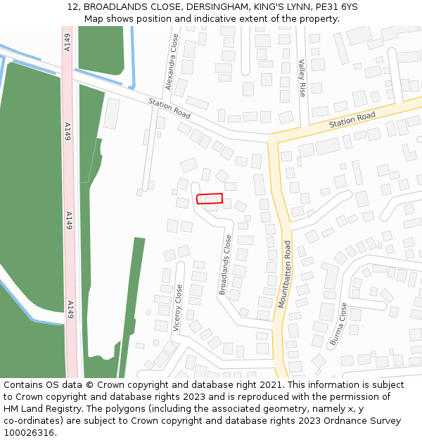 12, BROADLANDS CLOSE, DERSINGHAM, KING'S LYNN, PE31 6YS: Location map and indicative extent of plot