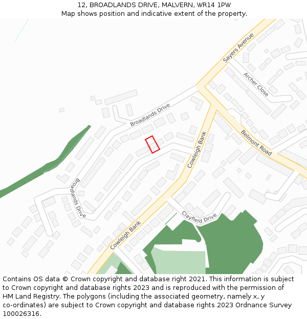 12, BROADLANDS DRIVE, MALVERN, WR14 1PW: Location map and indicative extent of plot