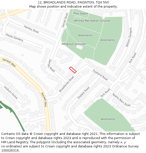 12, BROADLANDS ROAD, PAIGNTON, TQ4 5NY: Location map and indicative extent of plot