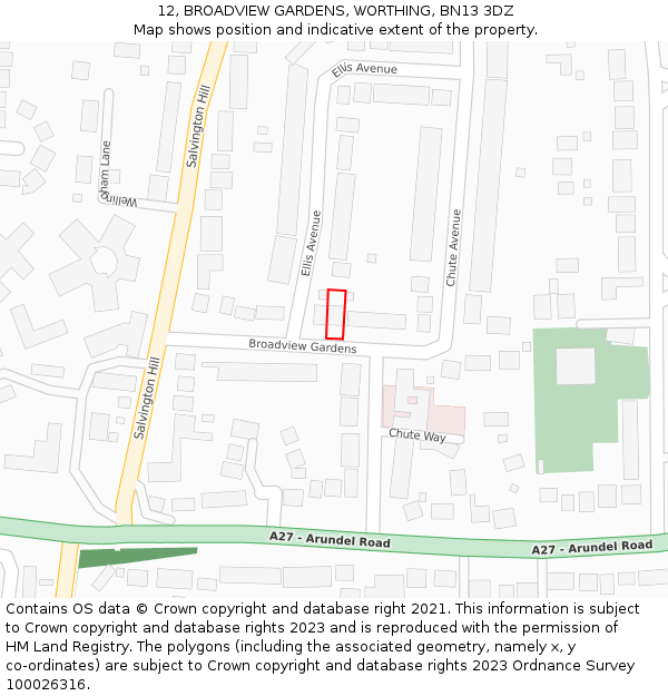 12, BROADVIEW GARDENS, WORTHING, BN13 3DZ: Location map and indicative extent of plot