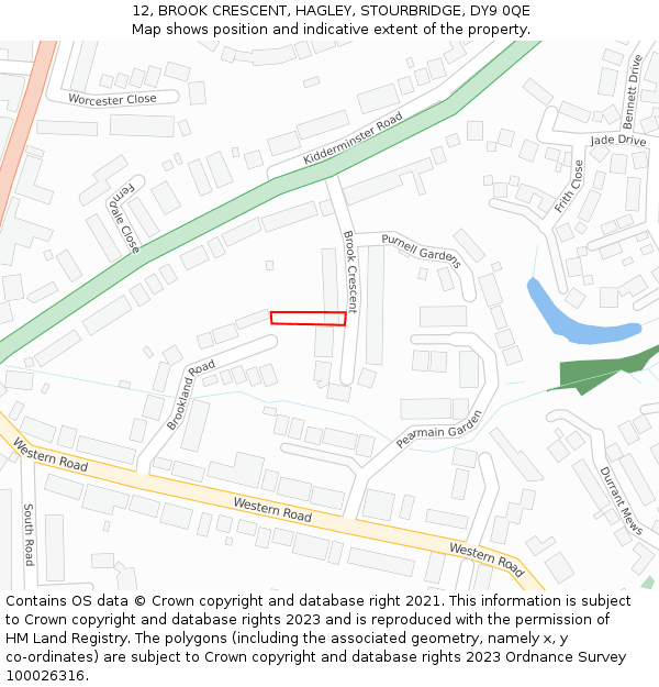 12, BROOK CRESCENT, HAGLEY, STOURBRIDGE, DY9 0QE: Location map and indicative extent of plot