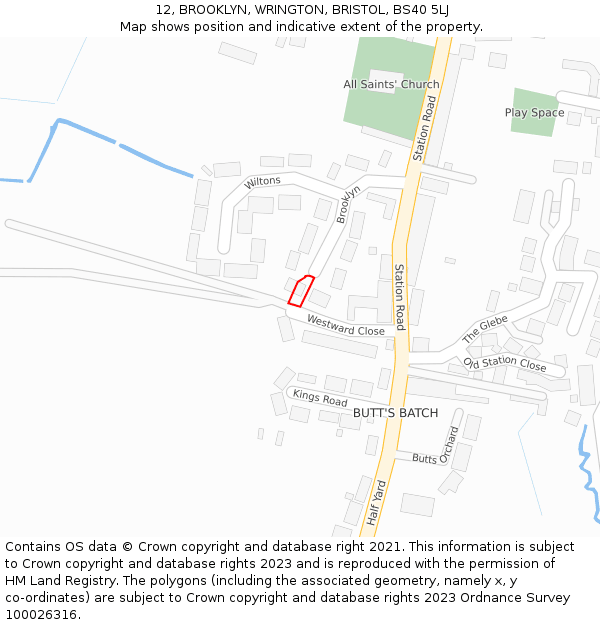 12, BROOKLYN, WRINGTON, BRISTOL, BS40 5LJ: Location map and indicative extent of plot
