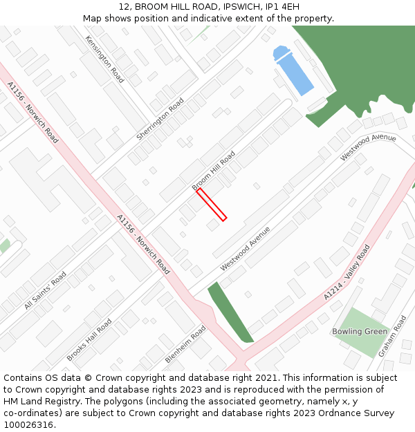 12, BROOM HILL ROAD, IPSWICH, IP1 4EH: Location map and indicative extent of plot