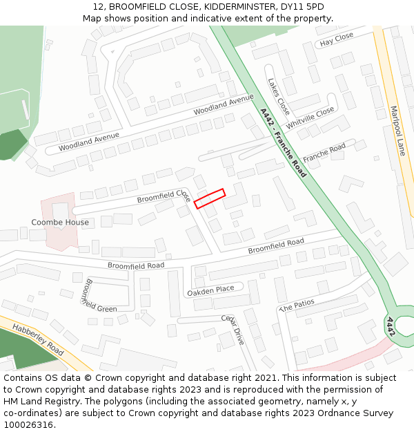 12, BROOMFIELD CLOSE, KIDDERMINSTER, DY11 5PD: Location map and indicative extent of plot