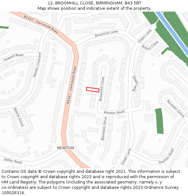 12, BROOMHILL CLOSE, BIRMINGHAM, B43 5BT: Location map and indicative extent of plot