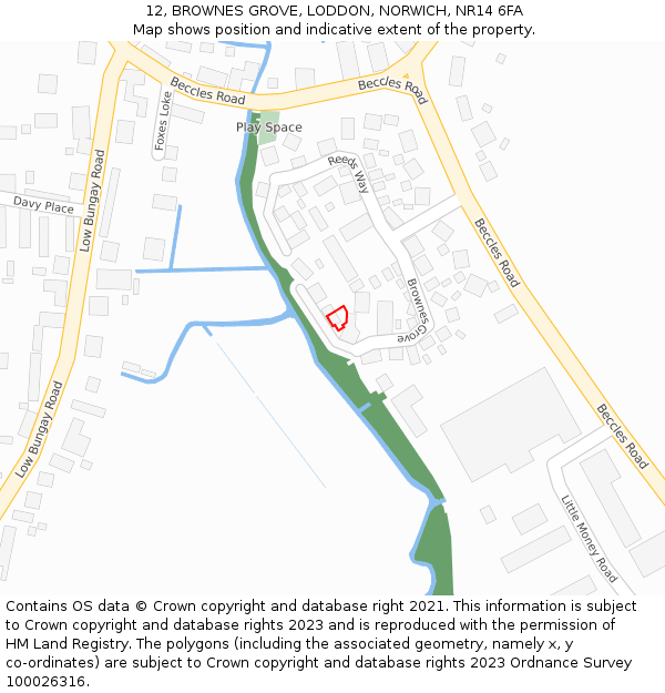12, BROWNES GROVE, LODDON, NORWICH, NR14 6FA: Location map and indicative extent of plot