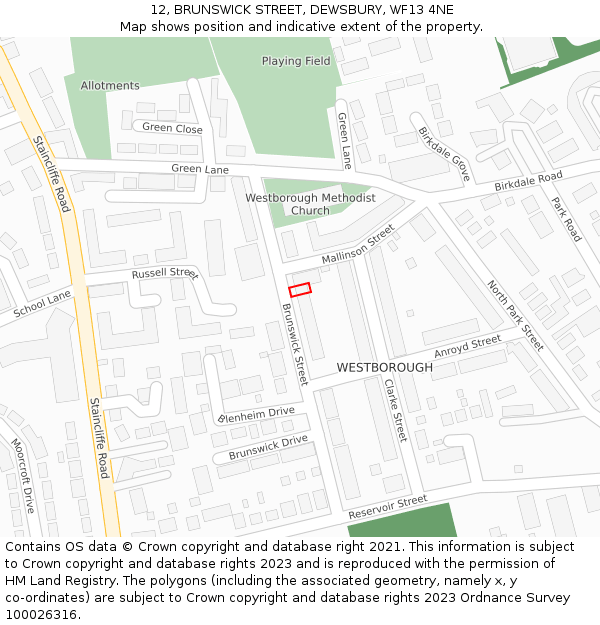 12, BRUNSWICK STREET, DEWSBURY, WF13 4NE: Location map and indicative extent of plot