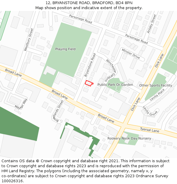 12, BRYANSTONE ROAD, BRADFORD, BD4 8PN: Location map and indicative extent of plot