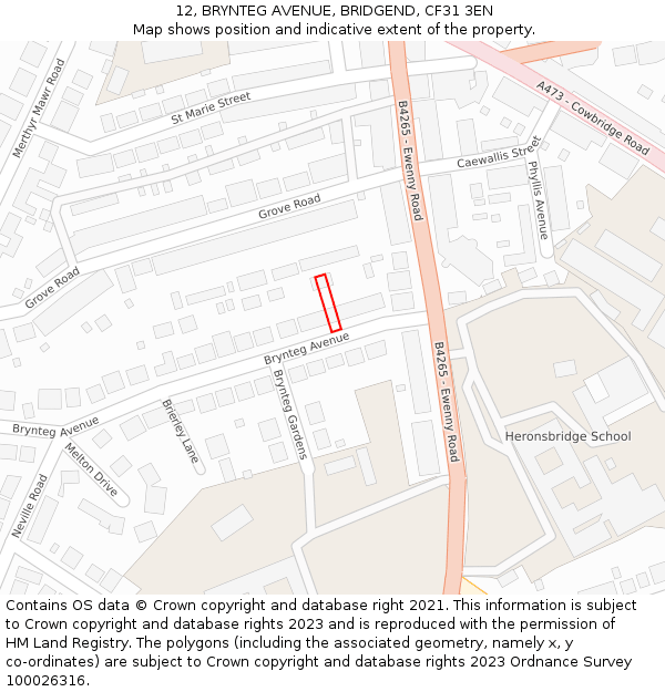 12, BRYNTEG AVENUE, BRIDGEND, CF31 3EN: Location map and indicative extent of plot