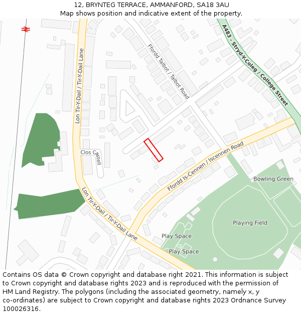 12, BRYNTEG TERRACE, AMMANFORD, SA18 3AU: Location map and indicative extent of plot