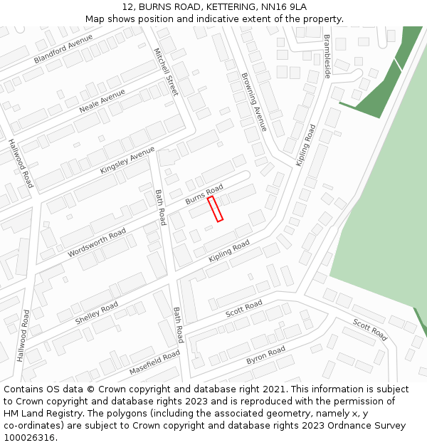 12, BURNS ROAD, KETTERING, NN16 9LA: Location map and indicative extent of plot