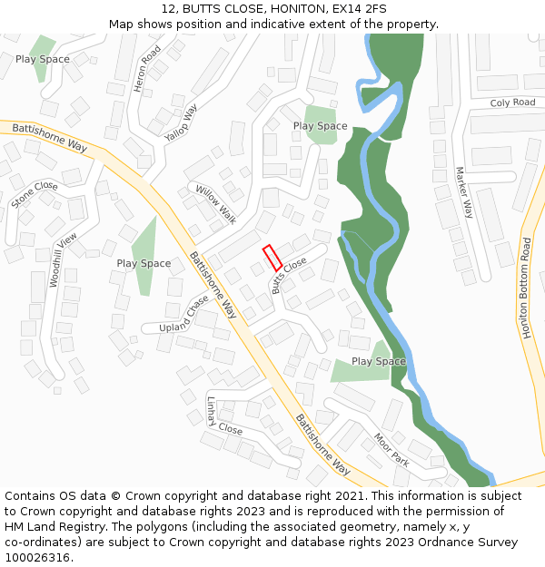 12, BUTTS CLOSE, HONITON, EX14 2FS: Location map and indicative extent of plot