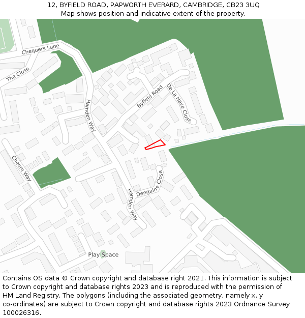 12, BYFIELD ROAD, PAPWORTH EVERARD, CAMBRIDGE, CB23 3UQ: Location map and indicative extent of plot