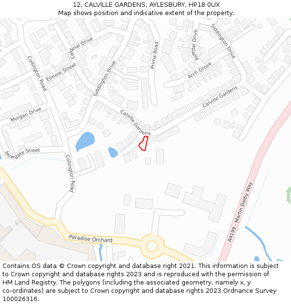 12, CALVILLE GARDENS, AYLESBURY, HP18 0UX: Location map and indicative extent of plot