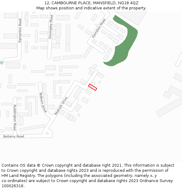 12, CAMBOURNE PLACE, MANSFIELD, NG18 4QZ: Location map and indicative extent of plot