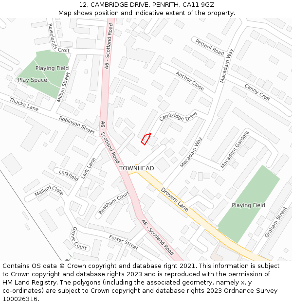 12, CAMBRIDGE DRIVE, PENRITH, CA11 9GZ: Location map and indicative extent of plot