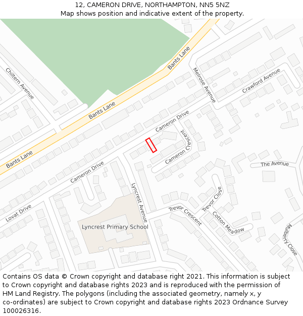 12, CAMERON DRIVE, NORTHAMPTON, NN5 5NZ: Location map and indicative extent of plot