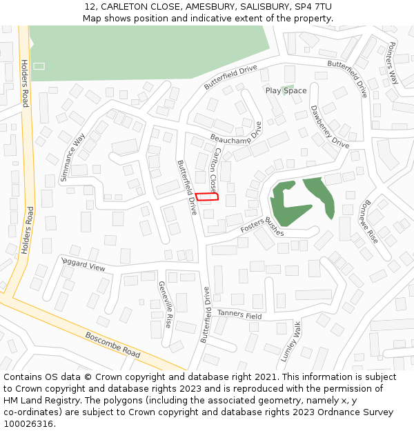 12, CARLETON CLOSE, AMESBURY, SALISBURY, SP4 7TU: Location map and indicative extent of plot