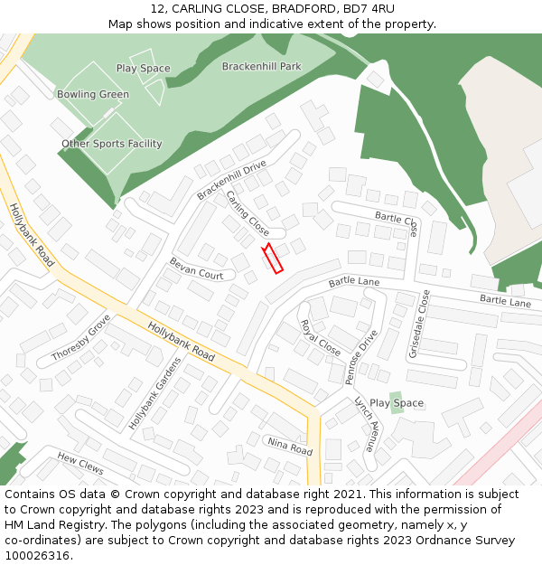 12, CARLING CLOSE, BRADFORD, BD7 4RU: Location map and indicative extent of plot