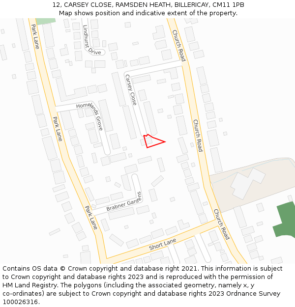 12, CARSEY CLOSE, RAMSDEN HEATH, BILLERICAY, CM11 1PB: Location map and indicative extent of plot